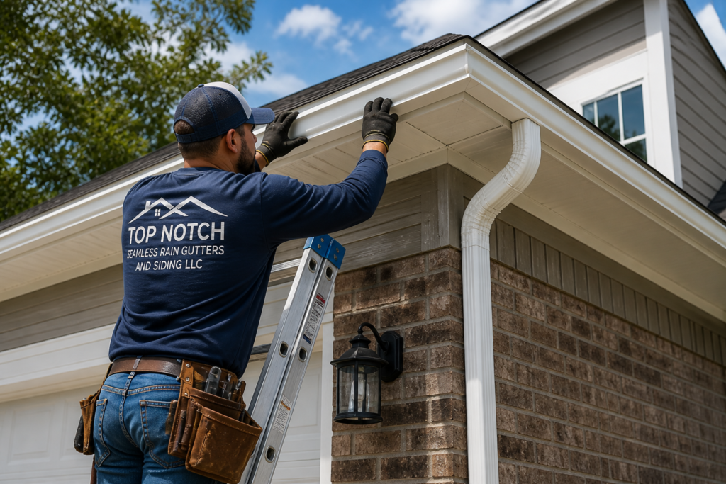 Seamless gutter installation in Groves TX by Top Notch Seamless Rain Gutters and Siding L.L.C.