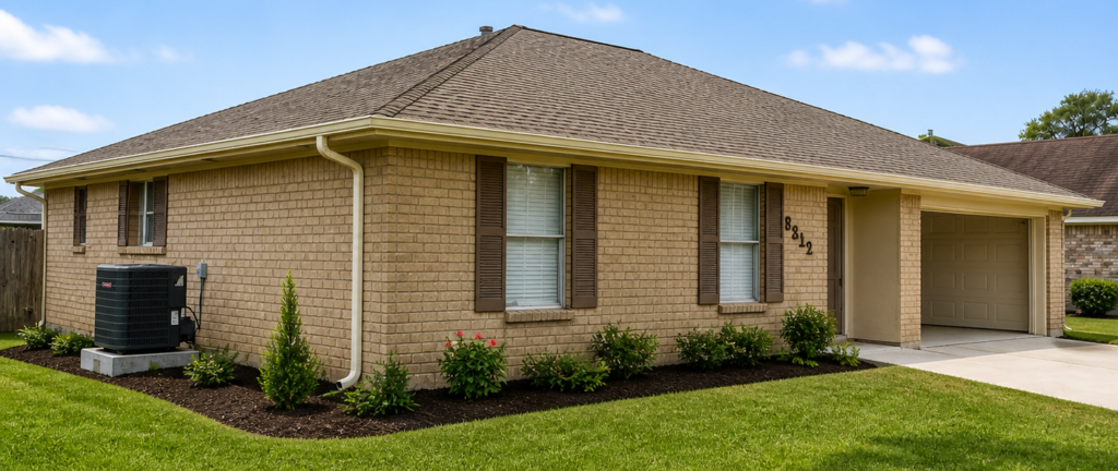 Seamless gutter installation on brick home in Nederland TX by Top Notch Seamless Rain Gutters and Siding LLC